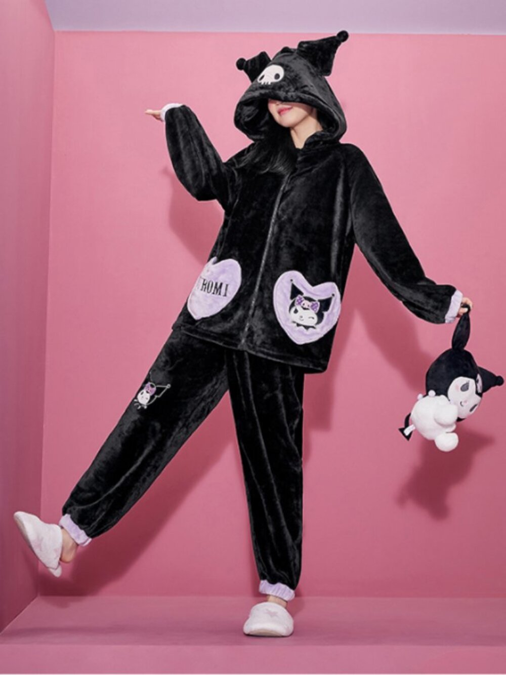 Kuromi Sanrio Coral Fleece Hooded Pajama Set Zipper Front Top Pants Kawaii Sleep